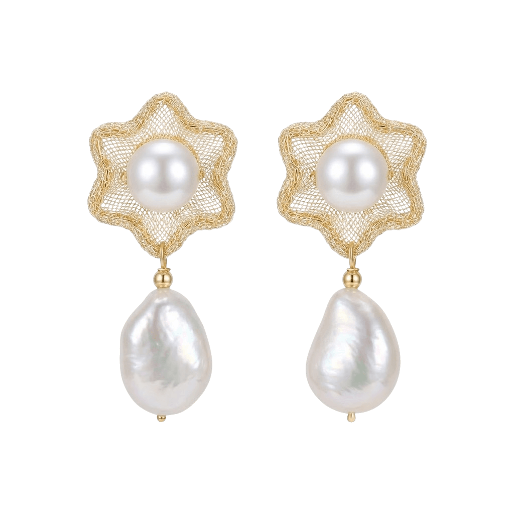 14K Filled Gold Natural Baroque Pearl Flower Drop Earrings
