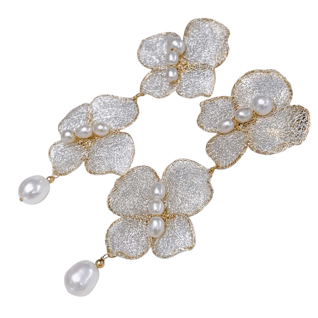 14K Filled Gold Freshwater White Round Pearl Double Flower Drop Earrings